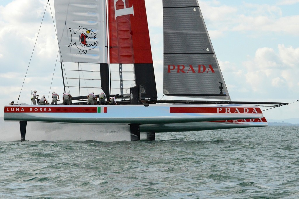 Luna Rossa in full flight - the windward foil is now dropped ready for the gybe   - Emirates Team NZ and Luna Rossa Race Training - March 6, 2013 © Sail-World.com/NZ 